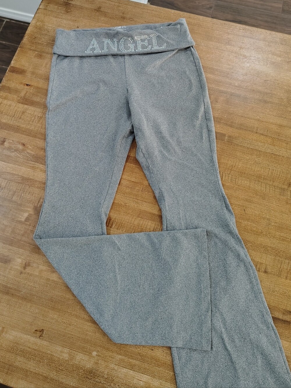 RUE21 Sparkle 'ANGEL' Fold-Over Waistband Flare Yoga Leggings Silver Gray Size L